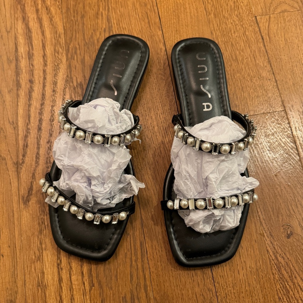 Unisa Black Slide Sandals with Pearls and Studs